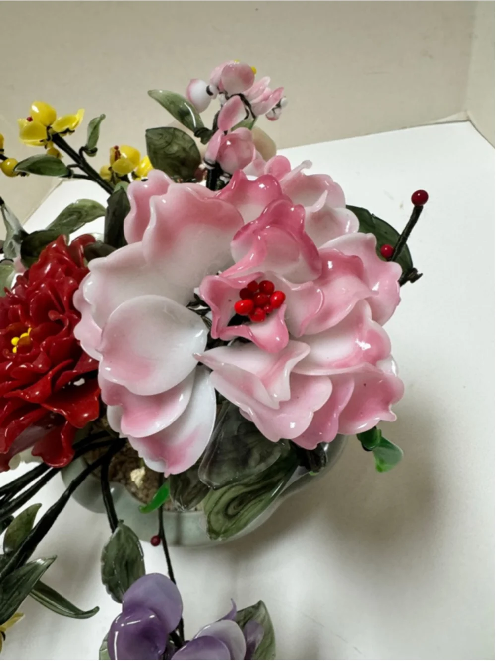 Vintage Yaun Feng Oriental Jade Glass Flowering Blossom Bonsai Tree